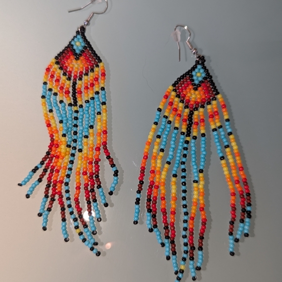 Bohemian Native American Handmade Beaded Tassel Earrings Western Style Colorful - Picture 9 of 15
